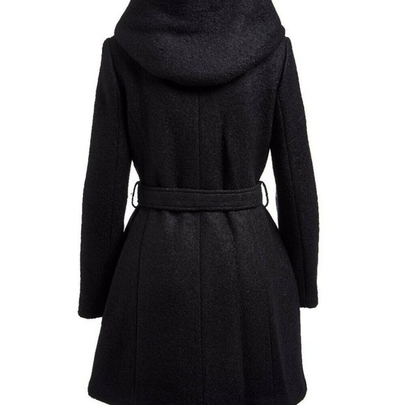 Cole Haan Black Wool-Blend Tie-Waist Hooded Coat Size 6 - Picture 2 of 3